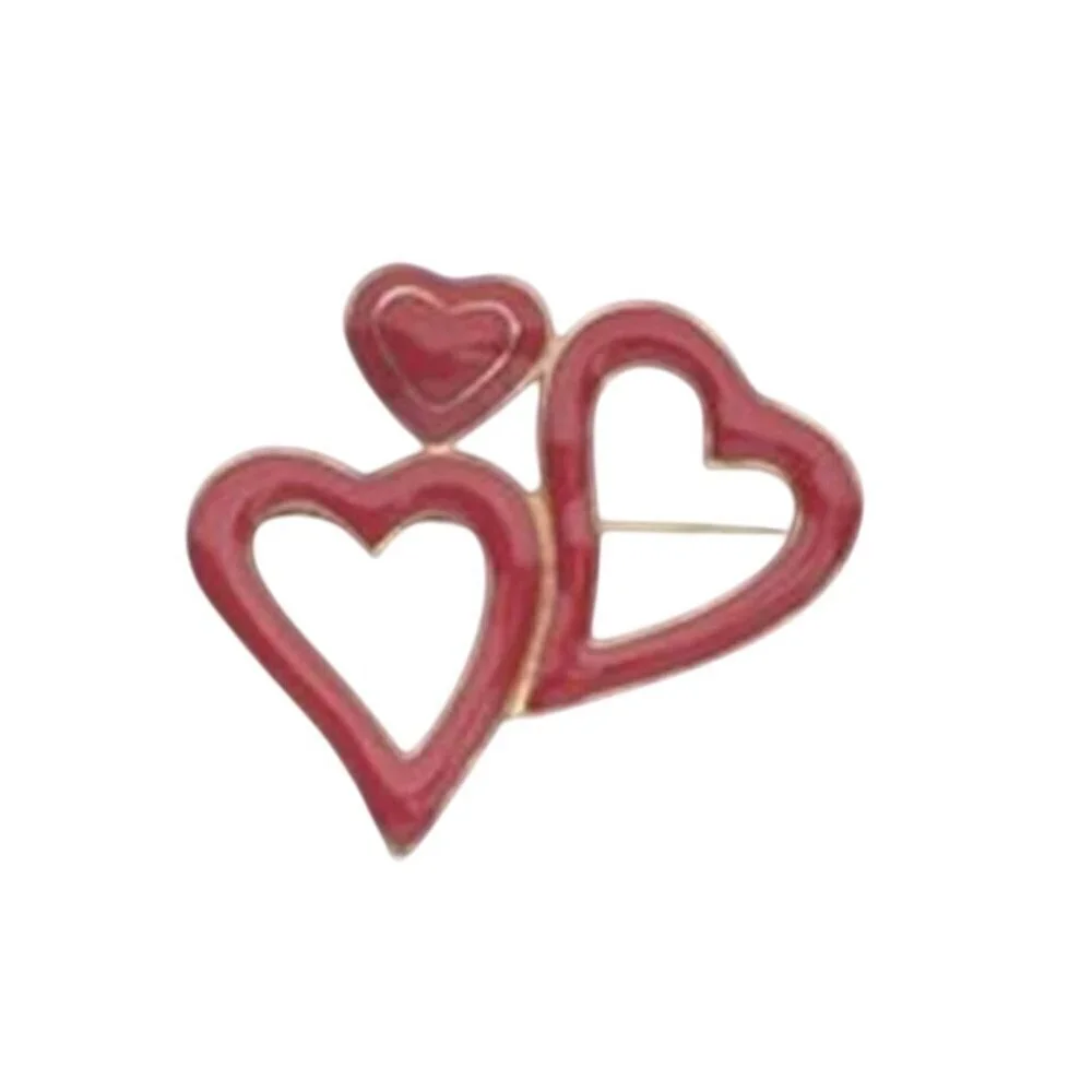 New Vintage 90s Red Enamel 3 Hearts Gold Plated Lapel Bag Hat Pin Brooch